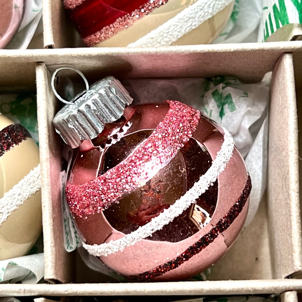 20 Christmas Radko Glass Ball Ornaments Burgundy Beige White Pink Glitter Stripe - Picture 7 of 15